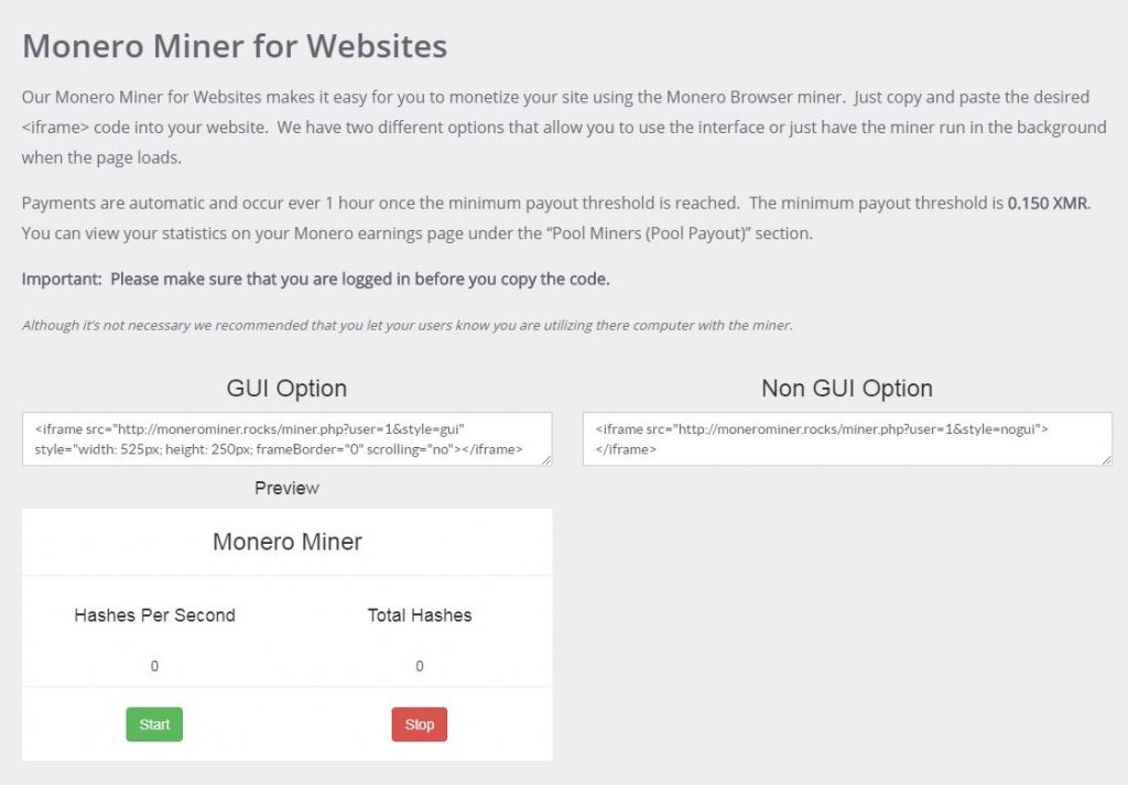 new monero browser miner